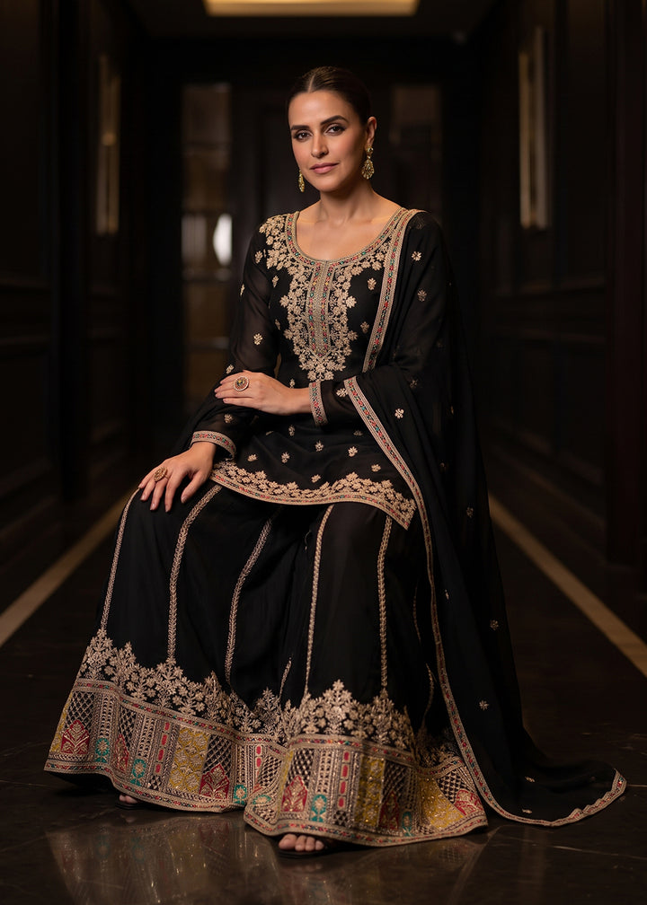 Buy Now Attractive Black Color Chinnon Silk Festive Palazzo Suit Online in US, UK, Canada, Netherlands, Germany, Italy, France, Greece &amp; Worldwide at Empress.