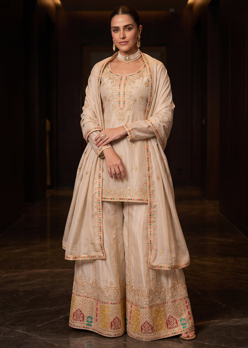 Buy Now Attractive Cream Color Chinnon Silk Festive Palazzo Suit Online in US, UK, Canada, Netherlands, Germany, Italy, France, Greece & Worldwide at Empress.