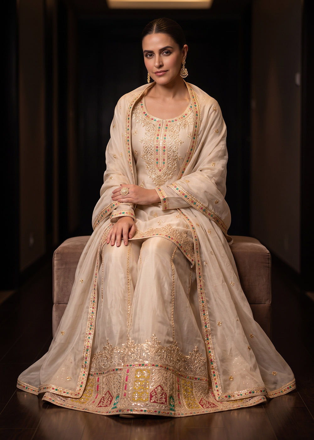 Buy Now Attractive Cream Color Chinnon Silk Festive Palazzo Suit Online in US, UK, Canada, Netherlands, Germany, Italy, France, Greece & Worldwide at Empress.