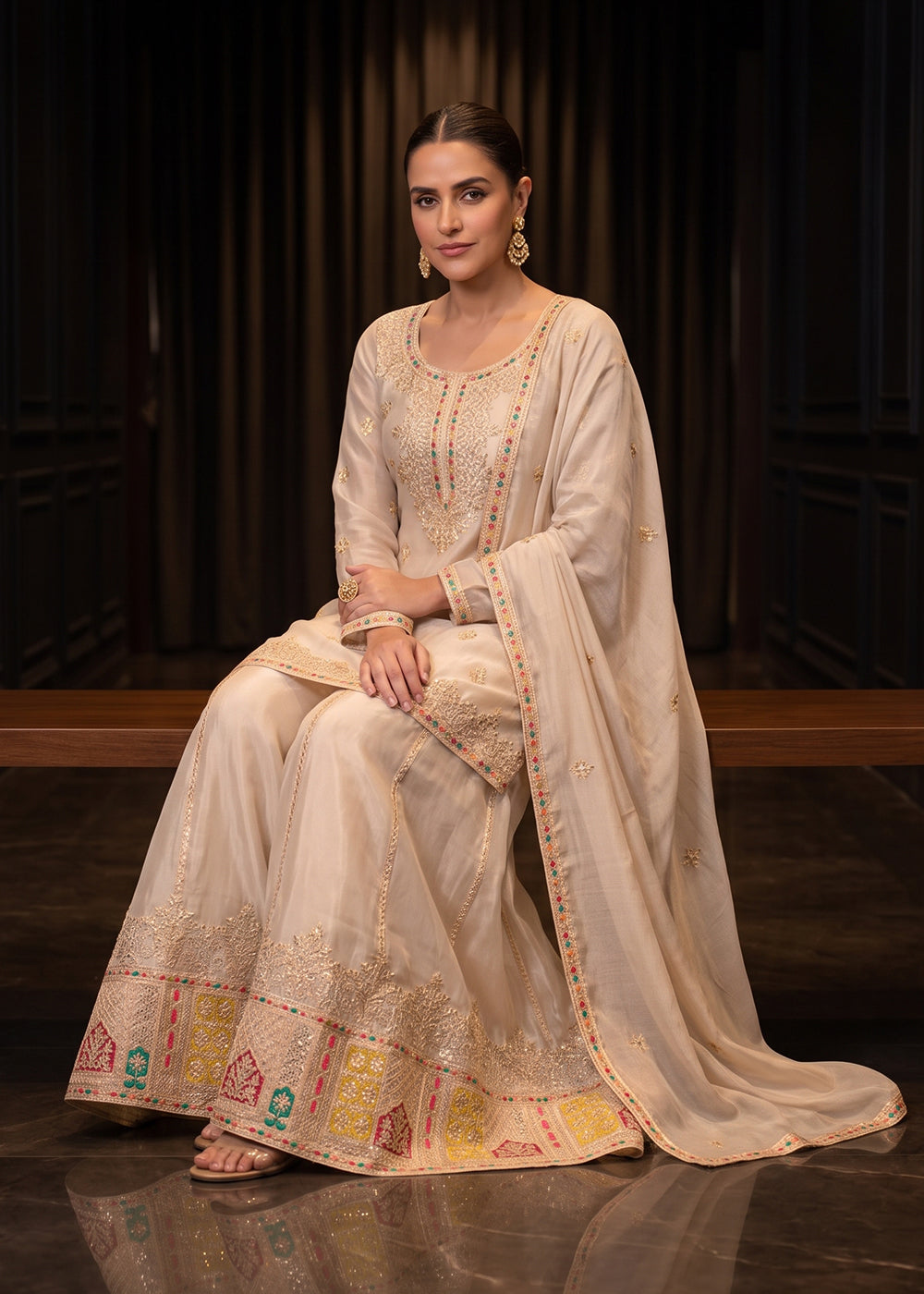 Buy Now Attractive Cream Color Chinnon Silk Festive Palazzo Suit Online in US, UK, Canada, Netherlands, Germany, Italy, France, Greece &amp; Worldwide at Empress.