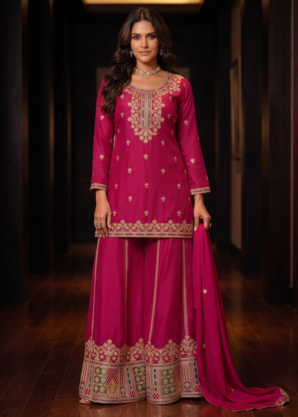 Buy Now Attractive Pink Color Chinnon Silk Festive Palazzo Suit Online in US, UK, Canada, Netherlands, Germany, Italy, France, Greece & Worldwide at Empress.