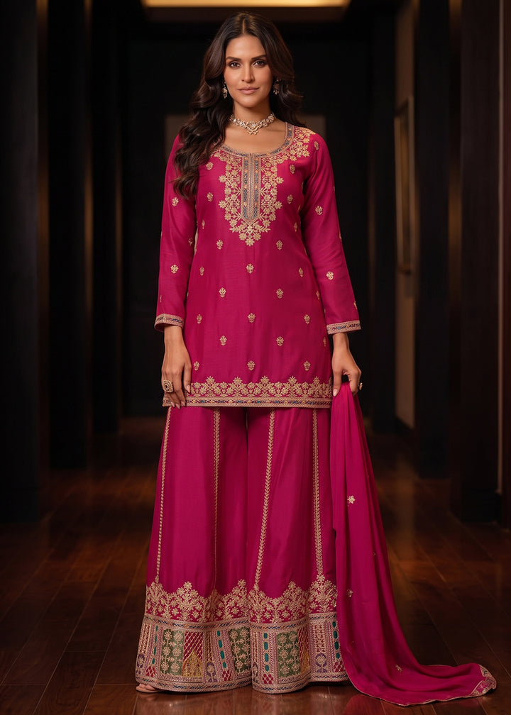 Buy Now Attractive Pink Color Chinnon Silk Festive Palazzo Suit Online in US, UK, Canada, Netherlands, Germany, Italy, France, Greece &amp; Worldwide at Empress.