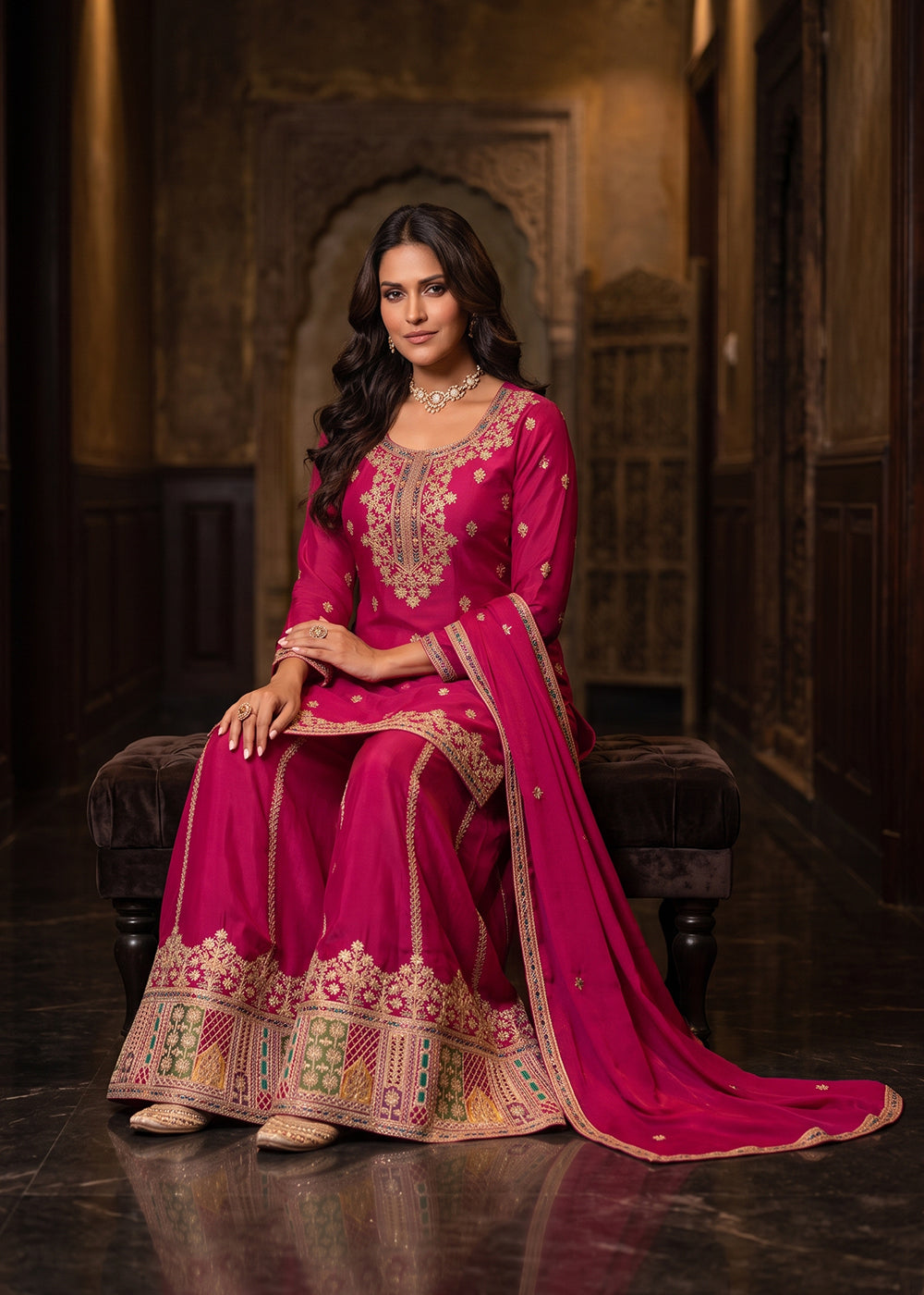 Buy Now Attractive Pink Color Chinnon Silk Festive Palazzo Suit Online in US, UK, Canada, Netherlands, Germany, Italy, France, Greece & Worldwide at Empress.