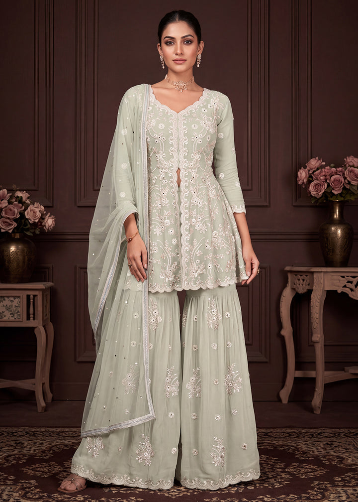 Shop Now Sage Green Real Georgette with Embroidery Gharara Dress Online at Empress in US, UK, Canada, Italy, Germany, France, Greece, Sweden, UAE &amp; Worldwide.