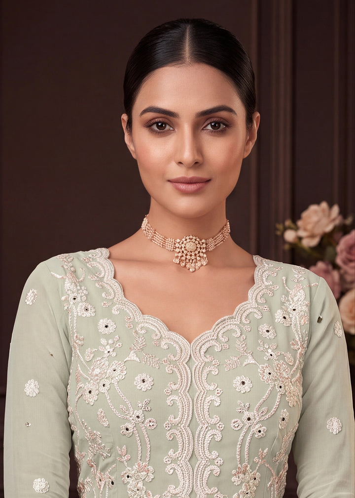 Shop Now Sage Green Real Georgette with Embroidery Gharara Dress Online at Empress in US, UK, Canada, Italy, Germany, France, Greece, Sweden, UAE &amp; Worldwide.