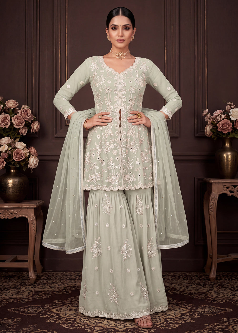 Shop Now Sage Green Real Georgette with Embroidery Gharara Dress Online at Empress in US, UK, Canada, Italy, Germany, France, Greece, Sweden, UAE &amp; Worldwide.
