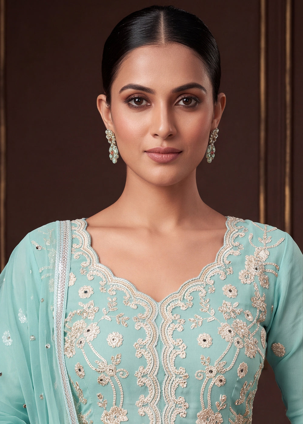 Shop Now Aqua Blue Real Georgette with Embroidery Gharara Dress Online at Empress in US, UK, Canada, Italy, Germany, France, Greece, Sweden, UAE &amp; Worldwide.