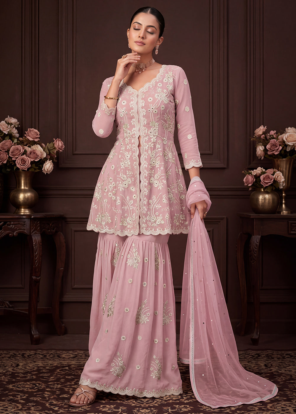 Shop Now Dusty Pink Real Georgette with Embroidery Gharara Dress Online at Empress in US, UK, Canada, Italy, Germany, France, Greece, Sweden, UAE &amp; Worldwide.