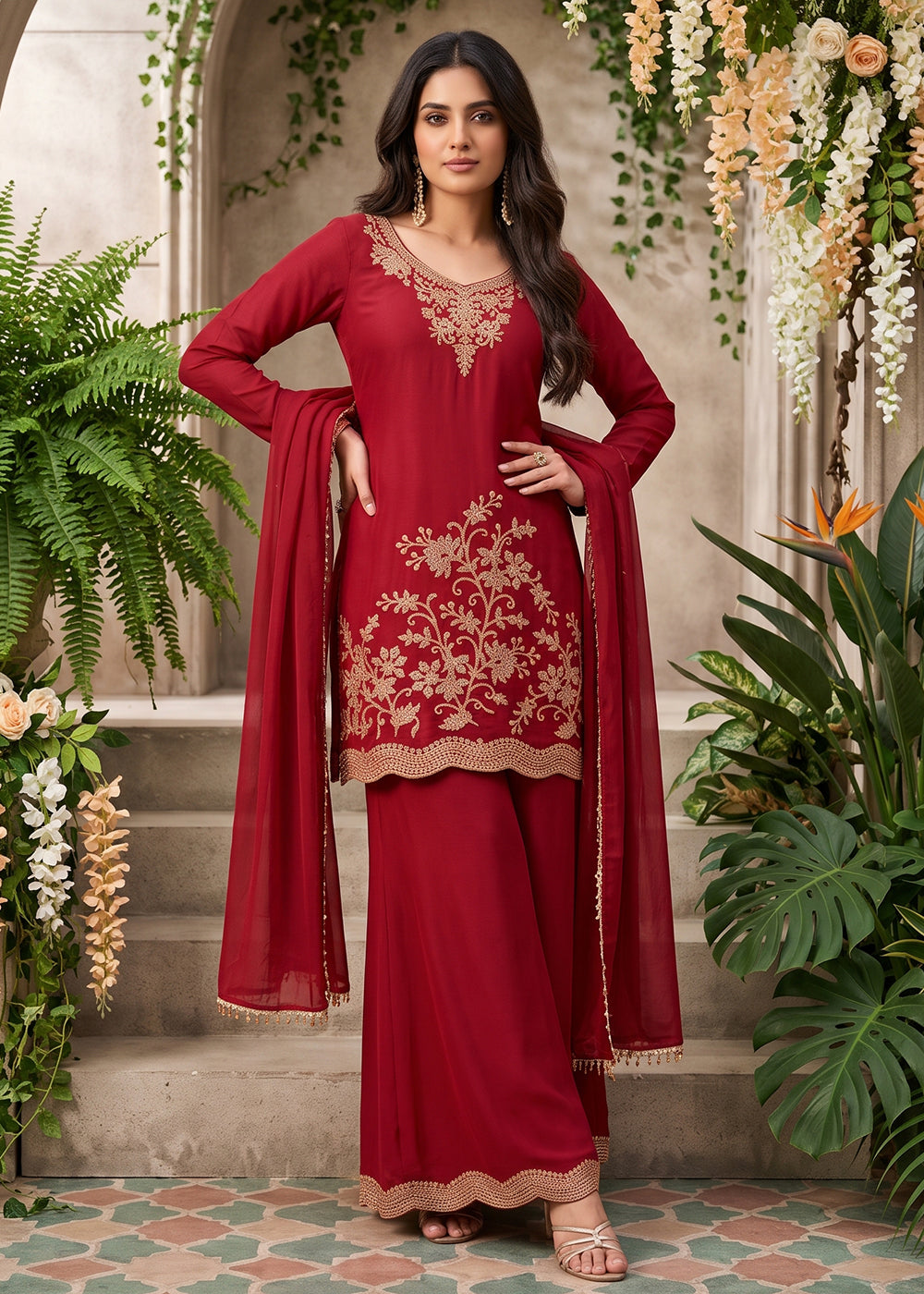 Buy Now All Over Beads Embroidery Maroon Palazzo Style Suit Online in US, UK, Canada, Germany, Italy, France, Greece, Austria, Denmark & Worldwide at Empress.