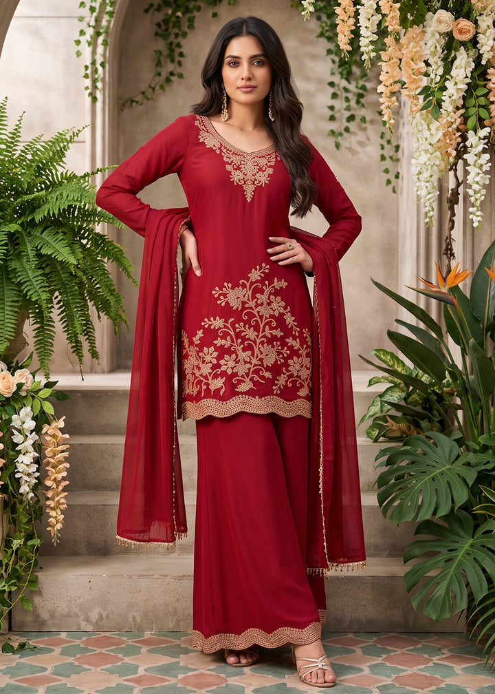 Buy Now All Over Beads Embroidery Maroon Palazzo Style Suit Online in US, UK, Canada, Germany, Italy, France, Greece, Austria, Denmark &amp; Worldwide at Empress.