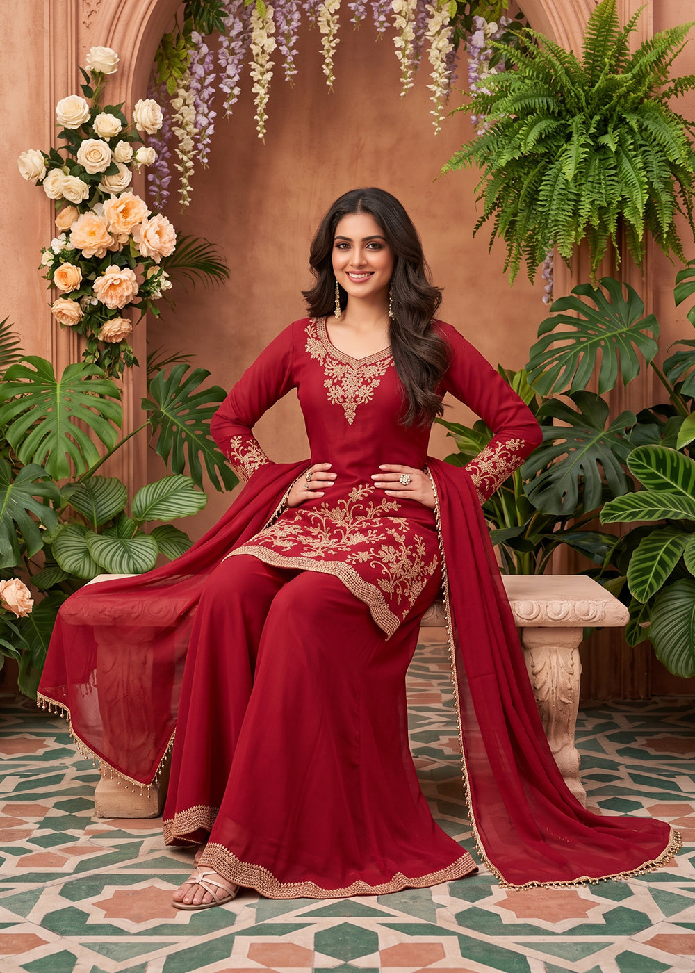 Buy Now All Over Beads Embroidery Maroon Palazzo Style Suit Online in US, UK, Canada, Germany, Italy, France, Greece, Austria, Denmark & Worldwide at Empress.