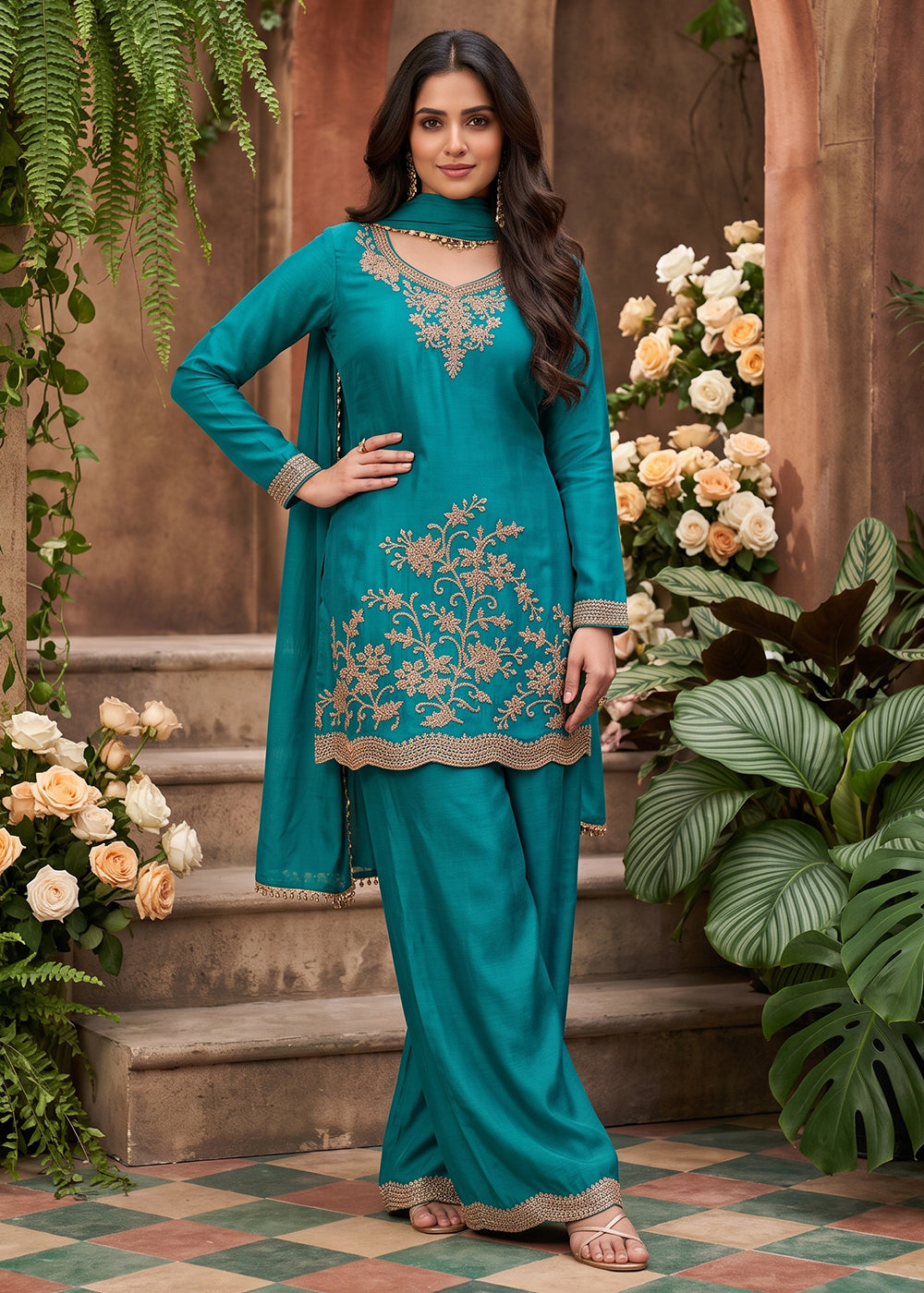 Buy Now All Over Beads Embroidery Turquoise Palazzo Style Suit Online in US, UK, Canada, Germany, Italy, France, Greece, Austria, Denmark & Worldwide at Empress.