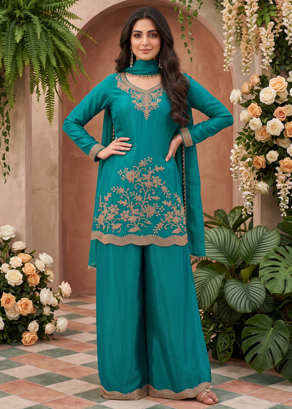 Buy Now All Over Beads Embroidery Turquoise Palazzo Style Suit Online in US, UK, Canada, Germany, Italy, France, Greece, Austria, Denmark &amp; Worldwide at Empress.