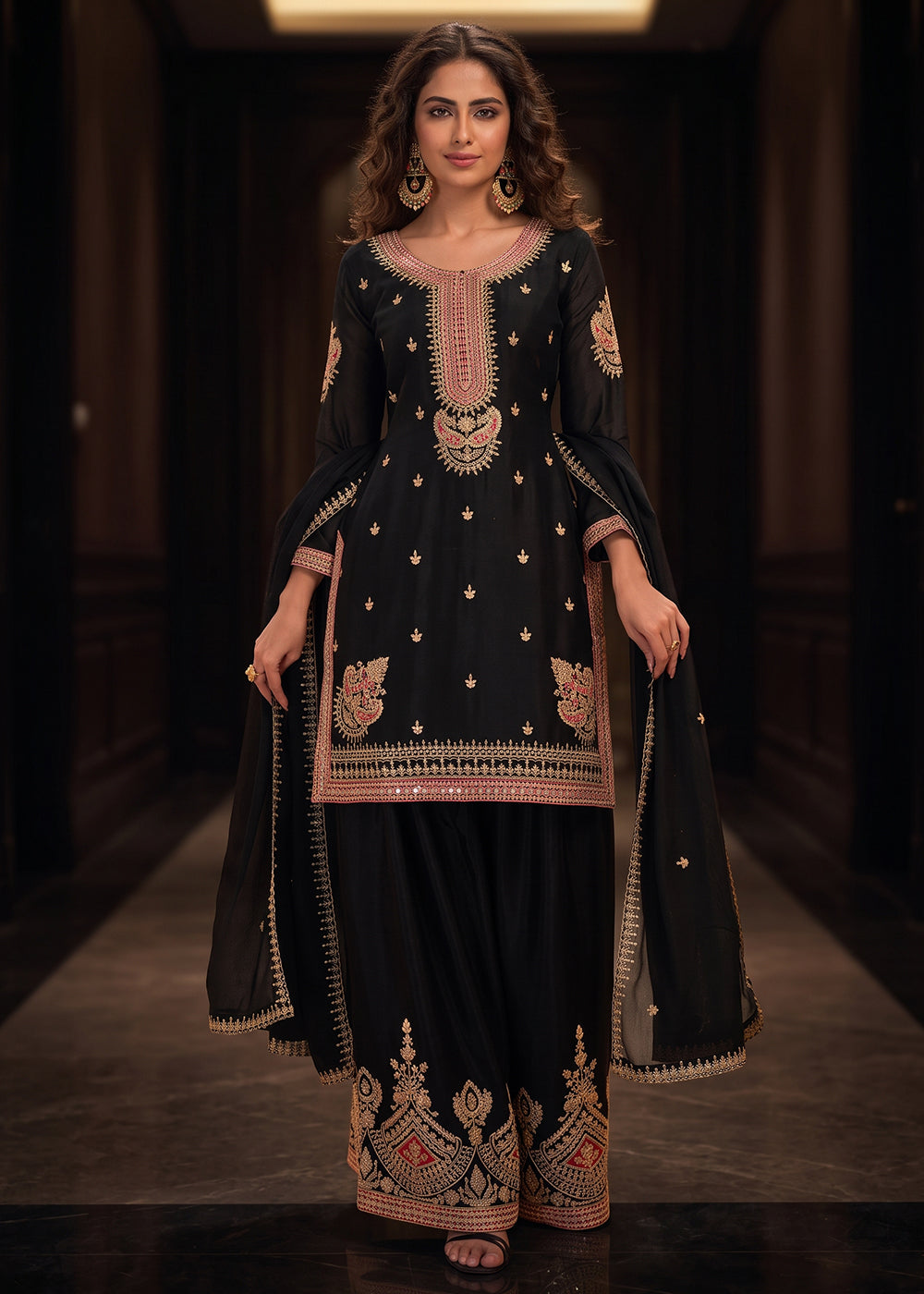 Buy Now Awesome Black Chinnon Silk Festive Style Palazzo Suit Online in US, UK, Canada, Netherlands, Germany, Italy, France, Greece, UAE & Worldwide at Empress.