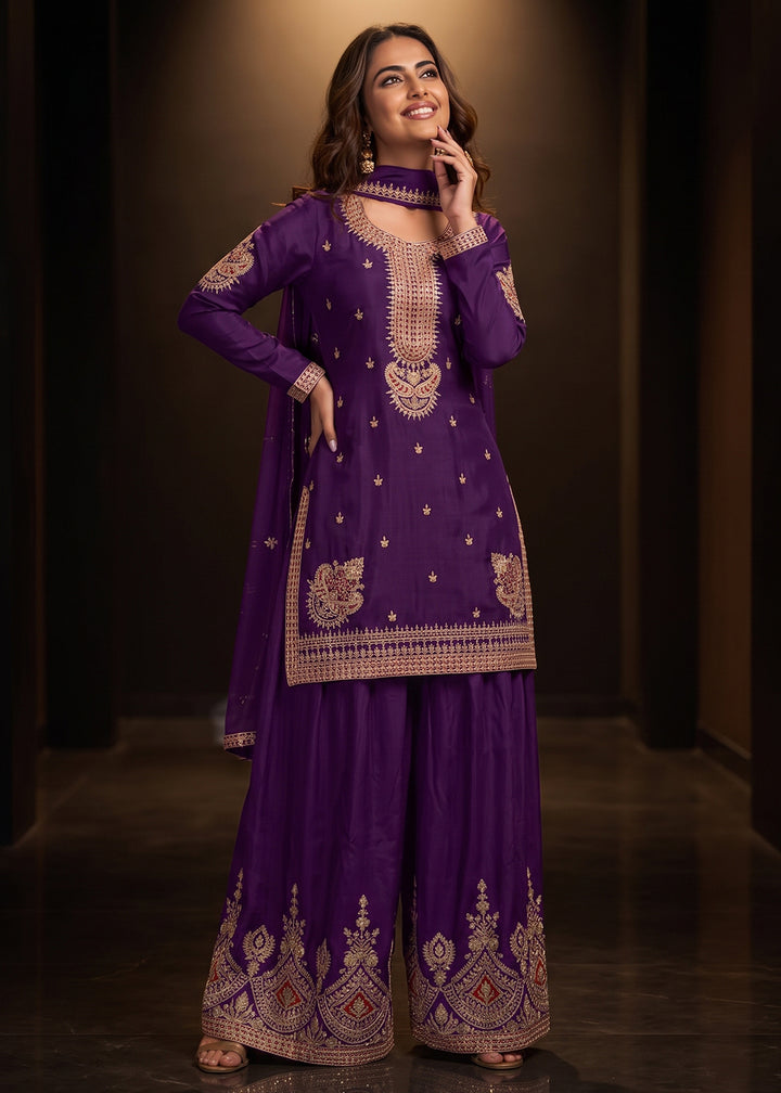 Buy Now Awesome Purple Chinnon Silk Festive Style Palazzo Suit Online in US, UK, Canada, Netherlands, Germany, Italy, France, Greece, UAE &amp; Worldwide at Empress.