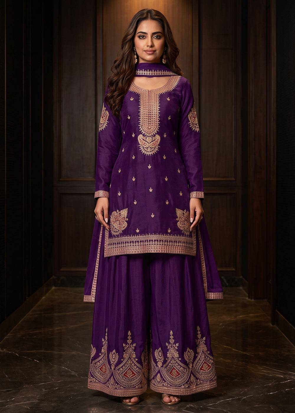 Buy Now Awesome Purple Chinnon Silk Festive Style Palazzo Suit Online in US, UK, Canada, Netherlands, Germany, Italy, France, Greece, UAE & Worldwide at Empress.