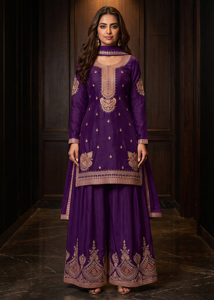 Buy Now Awesome Purple Chinnon Silk Festive Style Palazzo Suit Online in US, UK, Canada, Netherlands, Germany, Italy, France, Greece, UAE &amp; Worldwide at Empress.