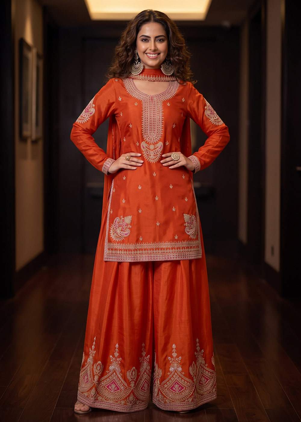 Buy Now Awesome Orange Chinnon Silk Festive Style Palazzo Suit Online in US, UK, Canada, Netherlands, Germany, Italy, France, Greece, UAE & Worldwide at Empress