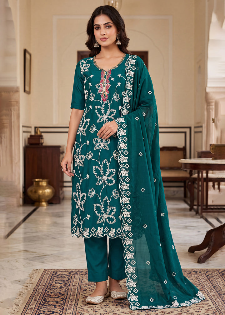 Buy Now Festive Teal Cotton Silk Ethnic Salwar Suit Online in US, UK, Canada, Germany, Italy, France, Greece, Australia, Austria, UAE &amp; Worldwide at Empress.