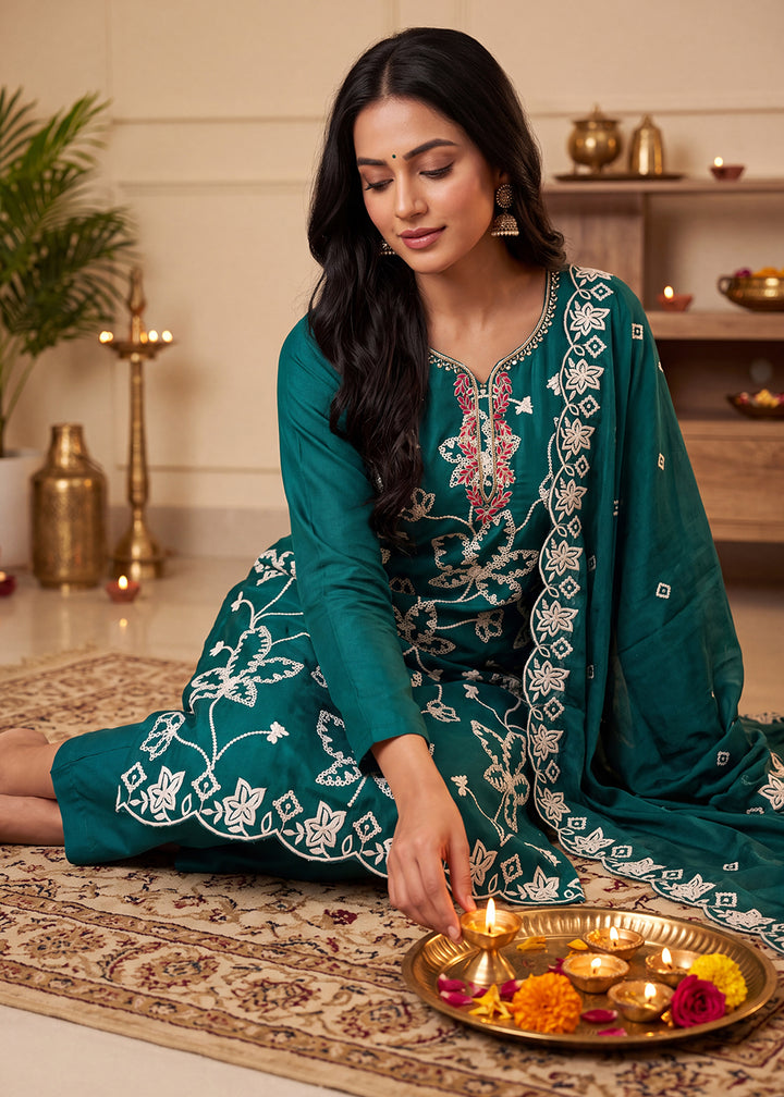 Buy Now Festive Teal Cotton Silk Ethnic Salwar Suit Online in US, UK, Canada, Germany, Italy, France, Greece, Australia, Austria, UAE &amp; Worldwide at Empress.