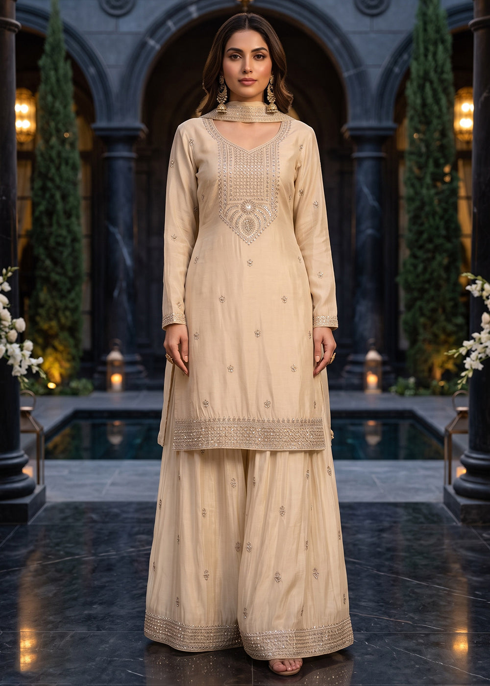 Buy Now Beige Premium Chinnon Hand Beads Work Palazzo Suit Online in US, UK, Canada, Germany, Italy, France, Greece, Austria, Denmark & Worldwide at Empress.