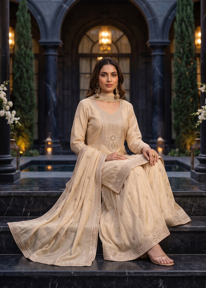 Buy Now Beige Premium Chinnon Hand Beads Work Palazzo Suit Online in US, UK, Canada, Germany, Italy, France, Greece, Austria, Denmark &amp; Worldwide at Empress.
