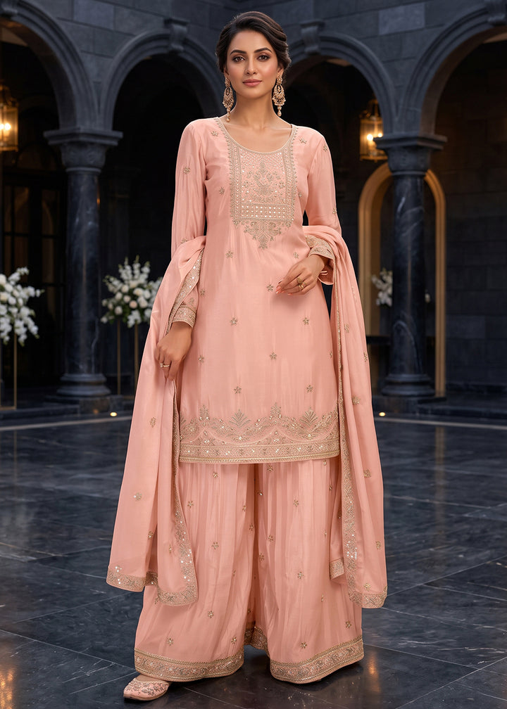 Buy Now Pink Premium Chinnon Hand Beads Work Palazzo Suit Online in US, UK, Canada, Germany, Italy, France, Greece, Austria, Denmark &amp; Worldwide at Empress.