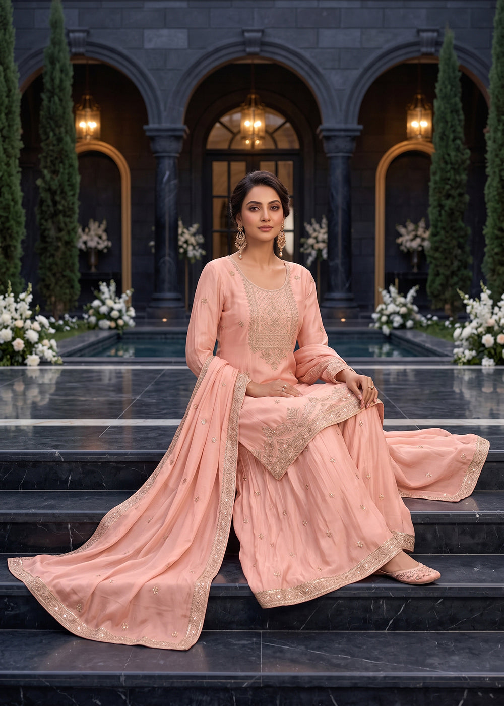 Buy Now Pink Premium Chinnon Hand Beads Work Palazzo Suit Online in US, UK, Canada, Germany, Italy, France, Greece, Austria, Denmark & Worldwide at Empress.