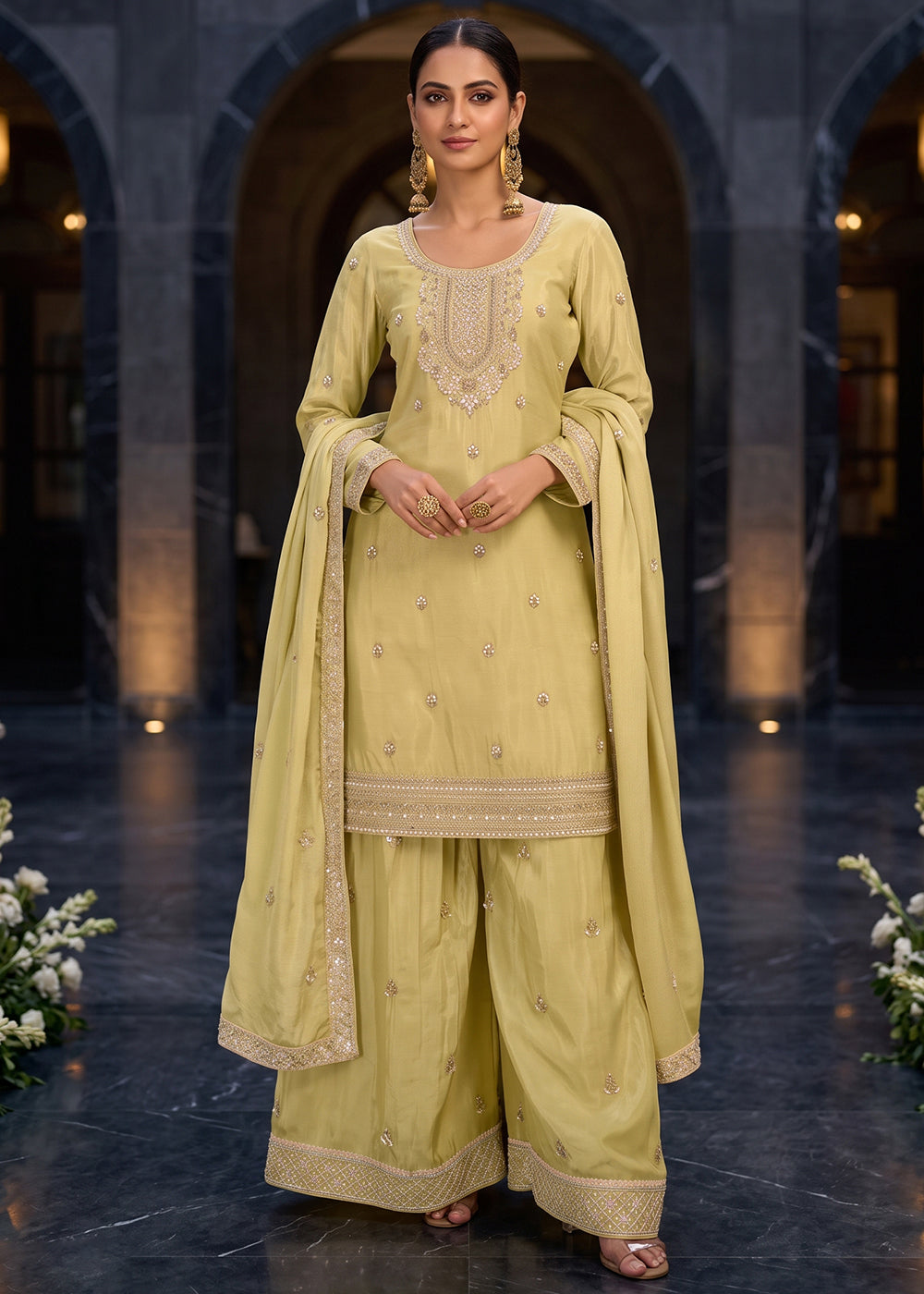 Buy Now Green Premium Chinnon Hand Beads Work Palazzo Suit Online in US, UK, Canada, Germany, Italy, France, Greece, Austria, Denmark & Worldwide at Empress.