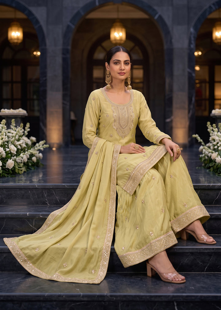 Buy Now Green Premium Chinnon Hand Beads Work Palazzo Suit Online in US, UK, Canada, Germany, Italy, France, Greece, Austria, Denmark &amp; Worldwide at Empress.