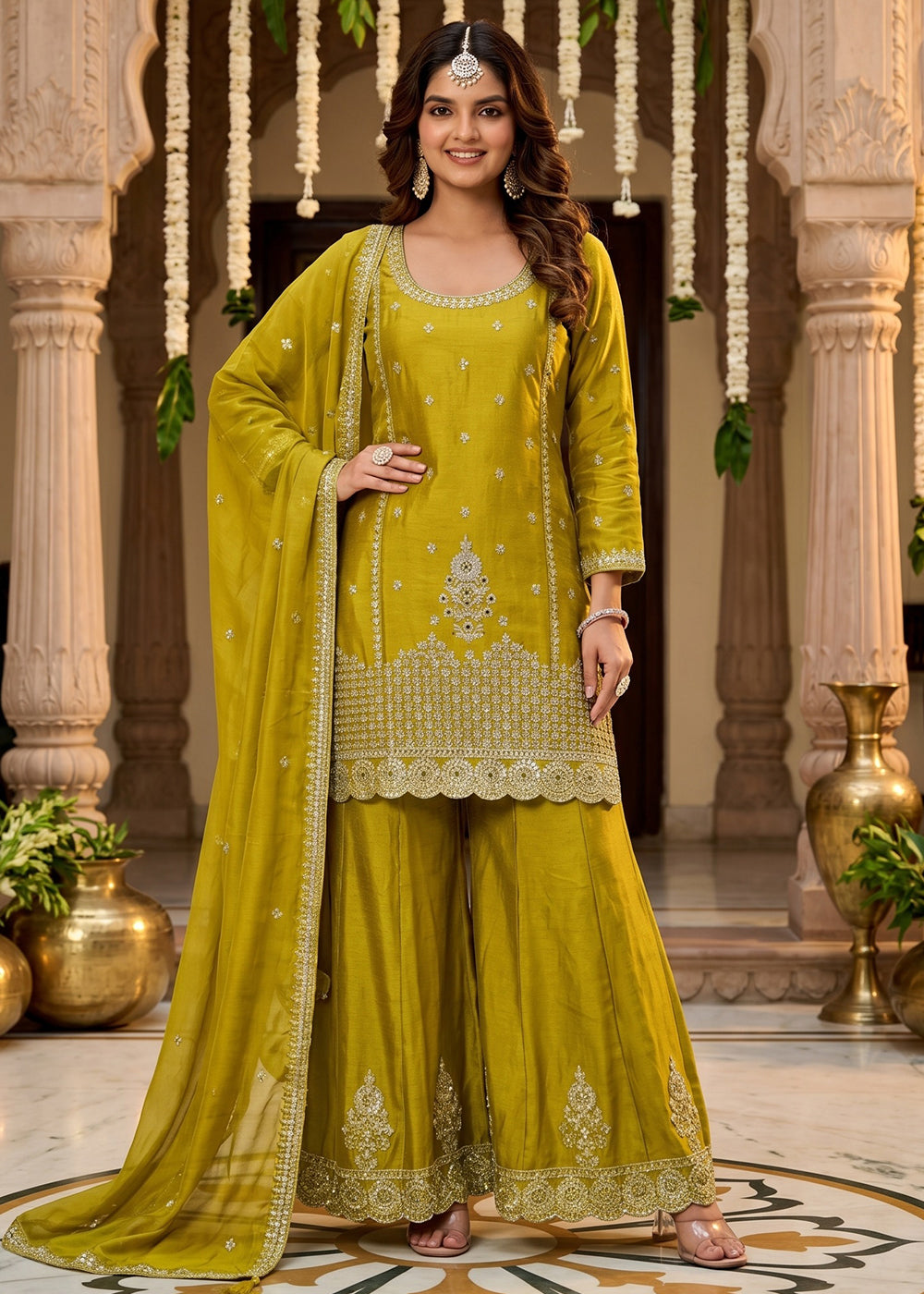 Buy Now Green Mirror Embroidered Chinnon Silk Palazzo Suit Online in US, UK, Canada, Netherlands, Germany, Italy, France, Sweden, UAE & Worldwide at Empress.