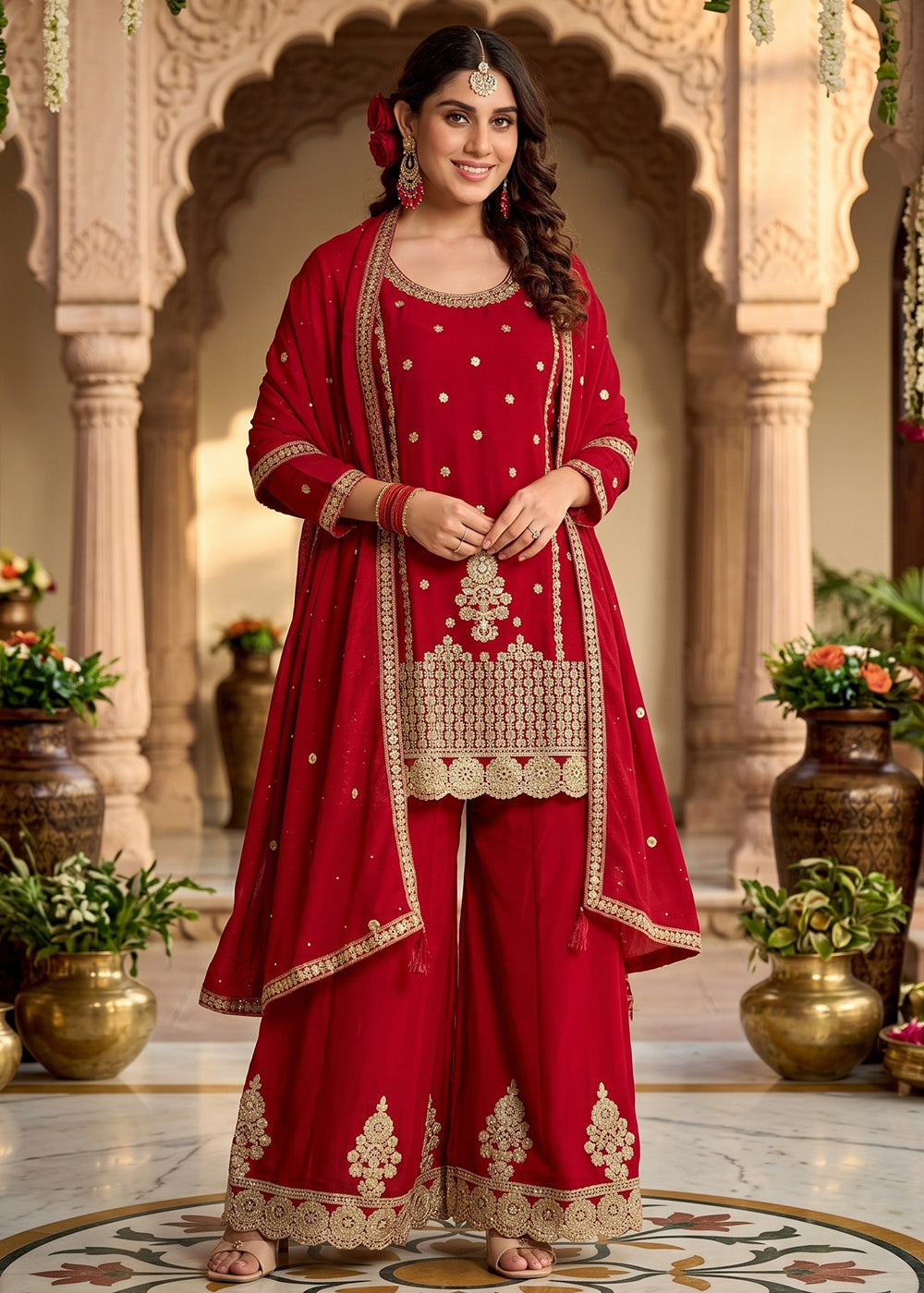 Buy Now Maroon Mirror Embroidered Chinnon Silk Palazzo Suit Online in US, UK, Canada, Netherlands, Germany, Italy, France, Sweden, UAE & Worldwide at Empress.