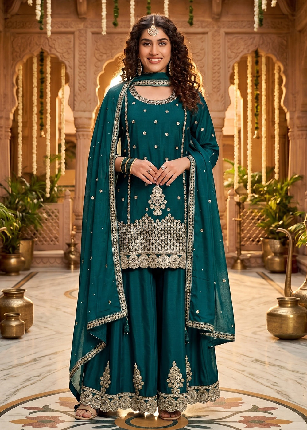 Buy Now Teal Mirror Embroidered Chinnon Silk Palazzo Suit Online in US, UK, Canada, Netherlands, Germany, Italy, France, Sweden, UAE & Worldwide at Empress.