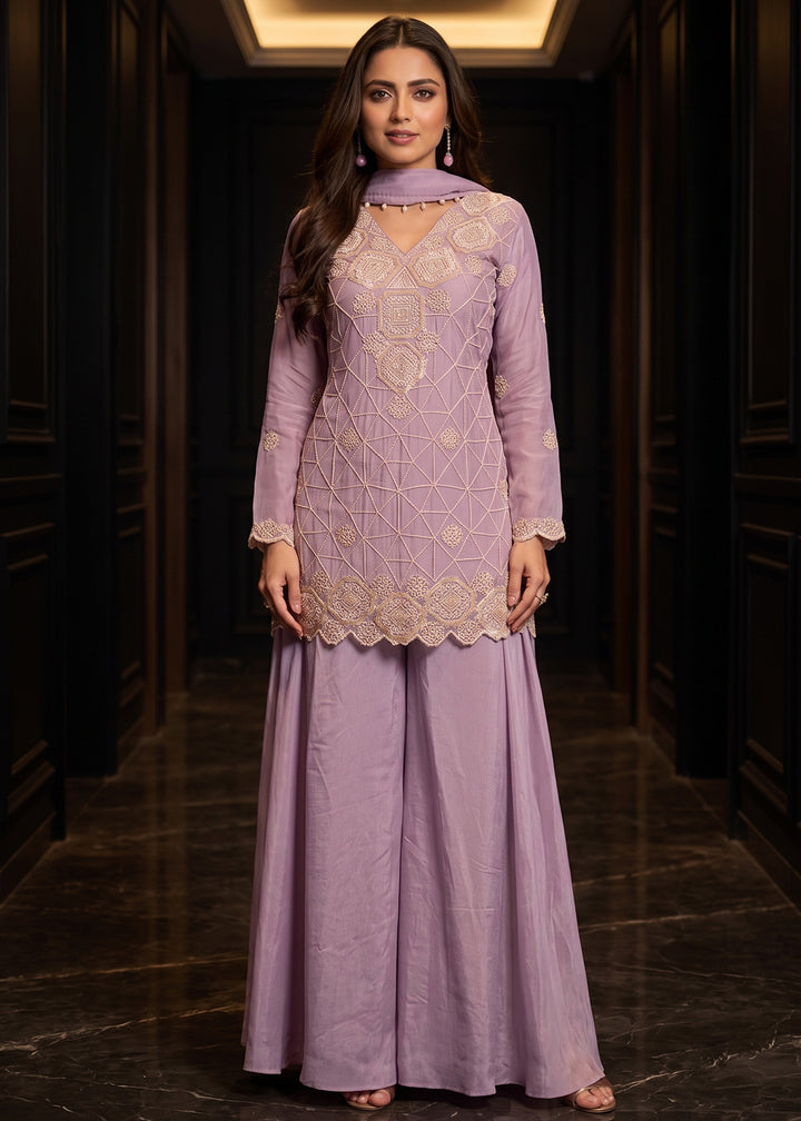 Buy Now Premium Lavender Color Chinnon Silk Palazzo Style Dress Online in US, UK, Canada, Netherlands, Germany, Italy, France, Greece &amp; Worldwide at Empress.