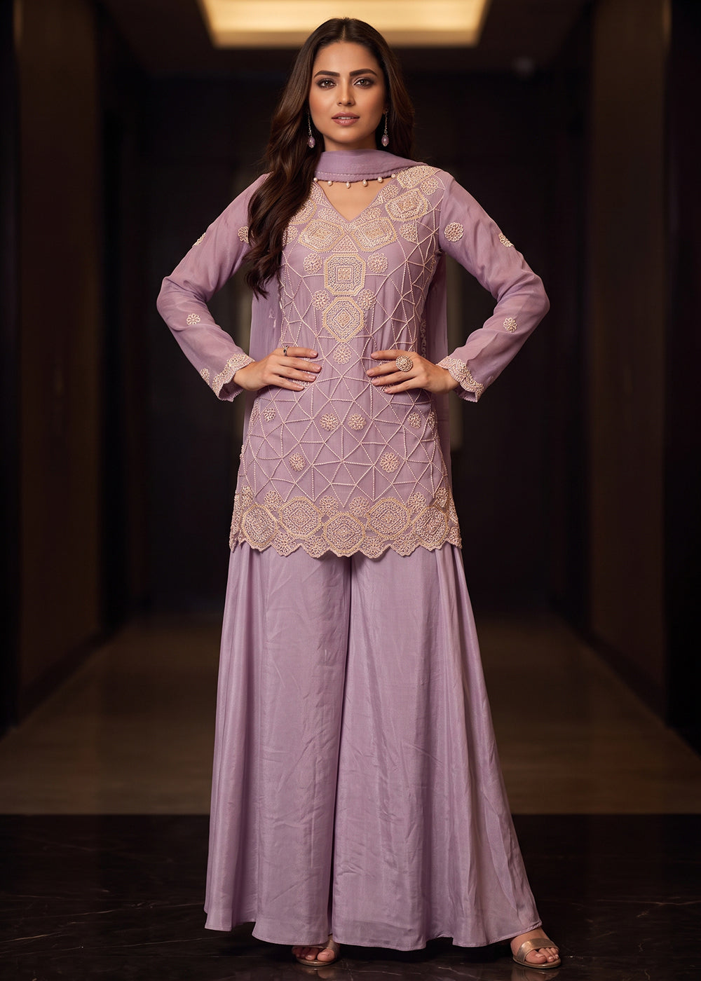 Buy Now Premium Lavender Color Chinnon Silk Palazzo Style Dress Online in US, UK, Canada, Netherlands, Germany, Italy, France, Greece &amp; Worldwide at Empress.
