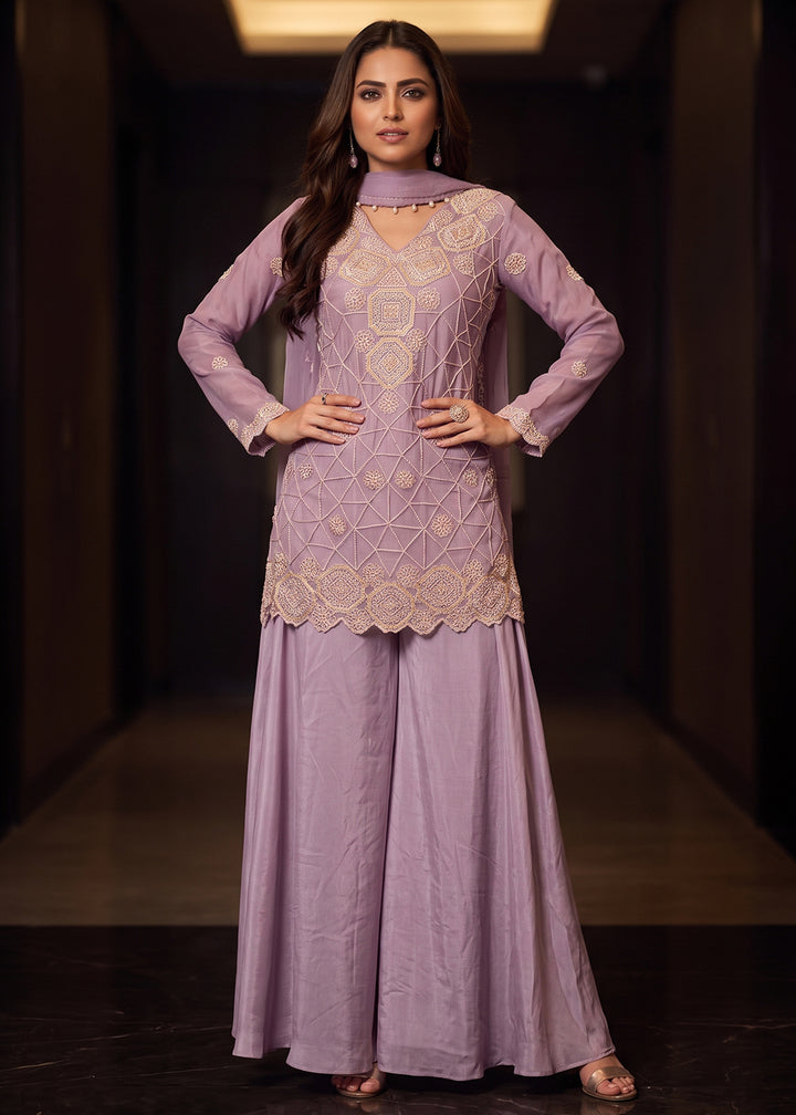 Buy Now Premium Lavender Color Chinnon Silk Palazzo Style Dress Online in US, UK, Canada, Netherlands, Germany, Italy, France, Greece &amp; Worldwide at Empress.