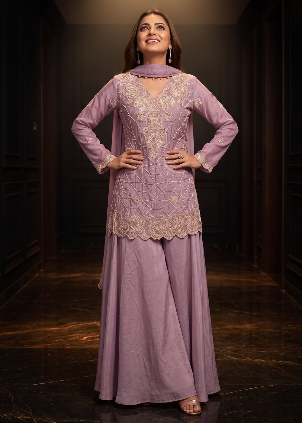Buy Now Premium Lavender Color Chinnon Silk Palazzo Style Dress Online in US, UK, Canada, Netherlands, Germany, Italy, France, Greece &amp; Worldwide at Empress.