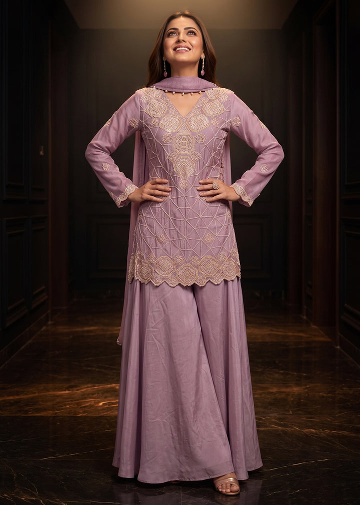 Buy Now Premium Lavender Color Chinnon Silk Palazzo Style Dress Online in US, UK, Canada, Netherlands, Germany, Italy, France, Greece &amp; Worldwide at Empress.