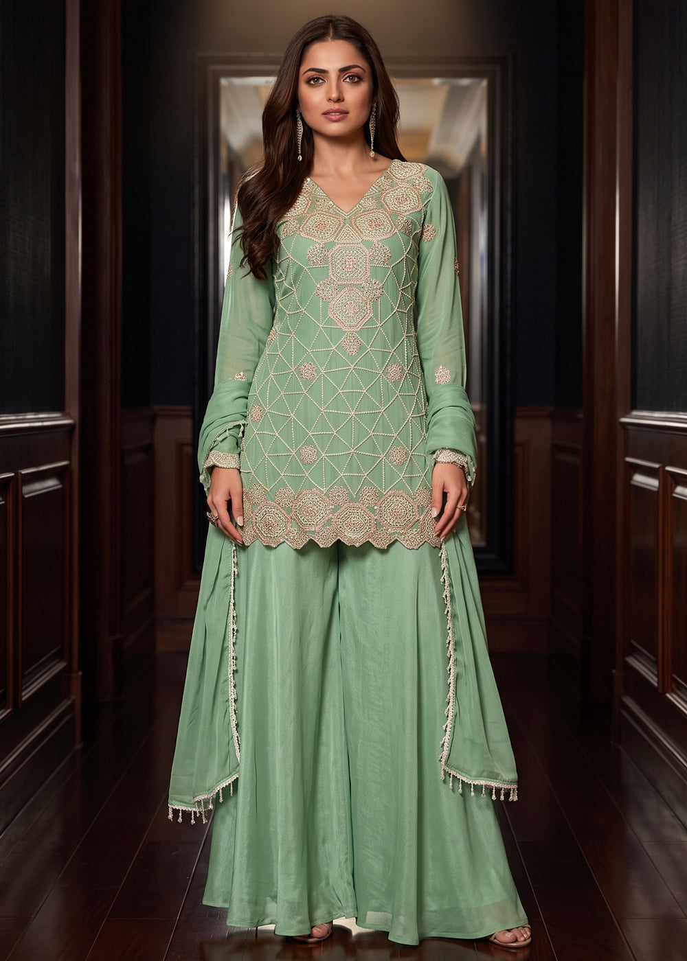 Buy Now Premium Green Color Chinnon Silk Palazzo Style Dress Online in US, UK, Canada, Netherlands, Germany, Italy, France, Greece, UAE &amp; Worldwide at Empress.