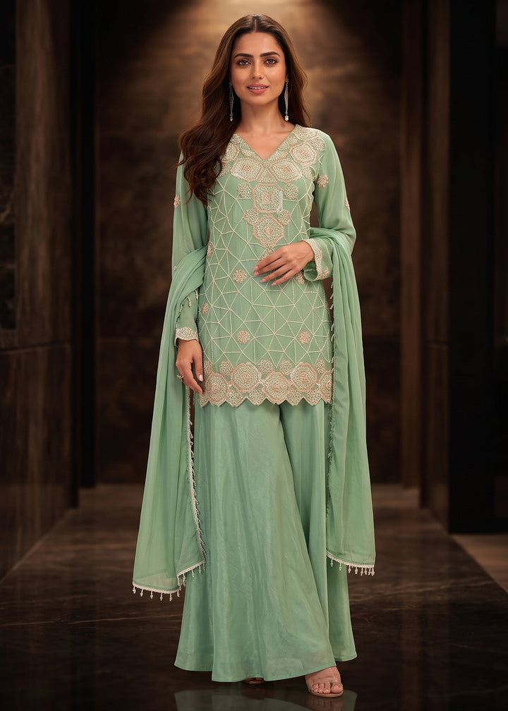 Buy Now Premium Green Color Chinnon Silk Palazzo Style Dress Online in US, UK, Canada, Netherlands, Germany, Italy, France, Greece, UAE &amp; Worldwide at Empress.