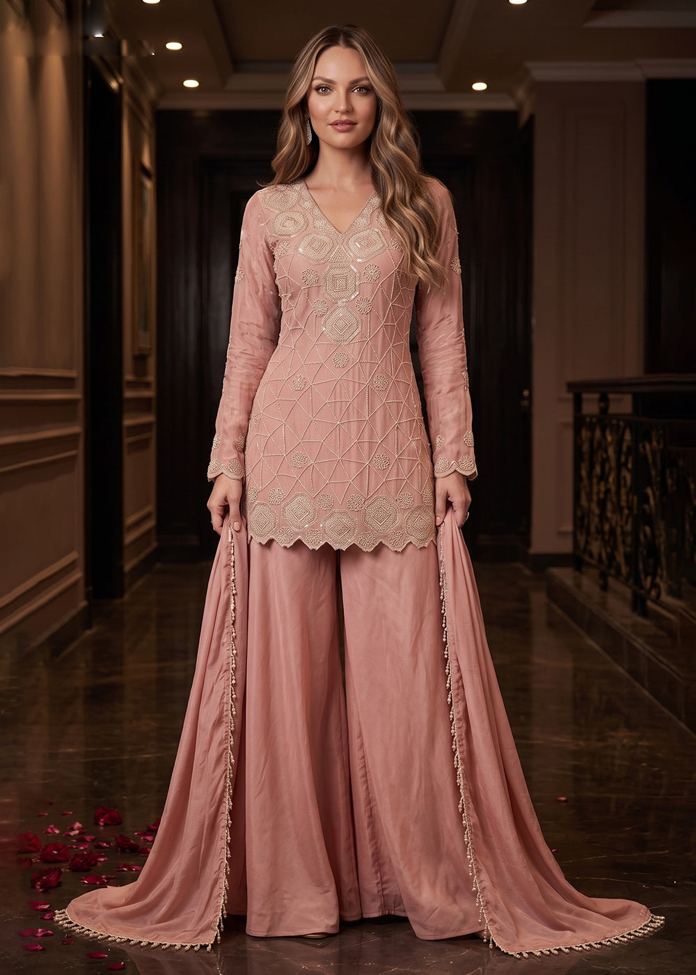 Buy Now Premium Peach Color Chinnon Silk Palazzo Style Dress Online in US, UK, Canada, Netherlands, Germany, Italy, France, Greece, UAE &amp; Worldwide at Empress.