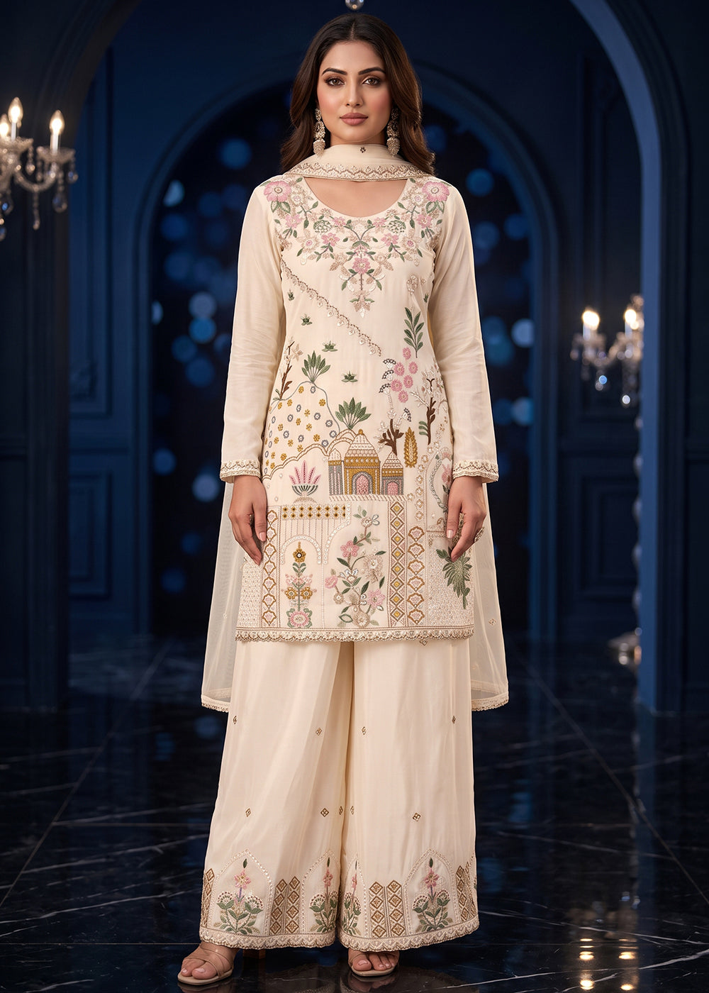 Buy Now Off White Multicolor Embroidery Silk Palazzo Style Suit Online in US, UK, Canada, Germany, Italy, France, Greece, Austria, UAE & Worldwide at Empress.