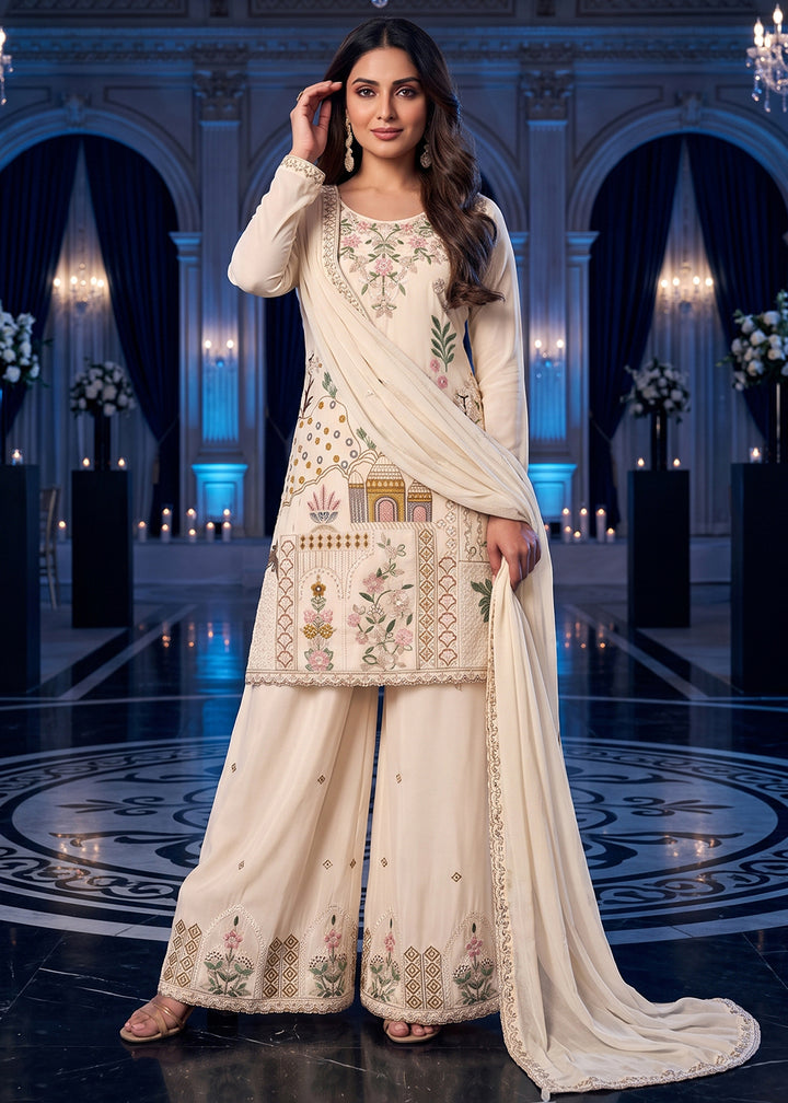 Buy Now Off White Multicolor Embroidery Silk Palazzo Style Suit Online in US, UK, Canada, Germany, Italy, France, Greece, Austria, UAE &amp; Worldwide at Empress.