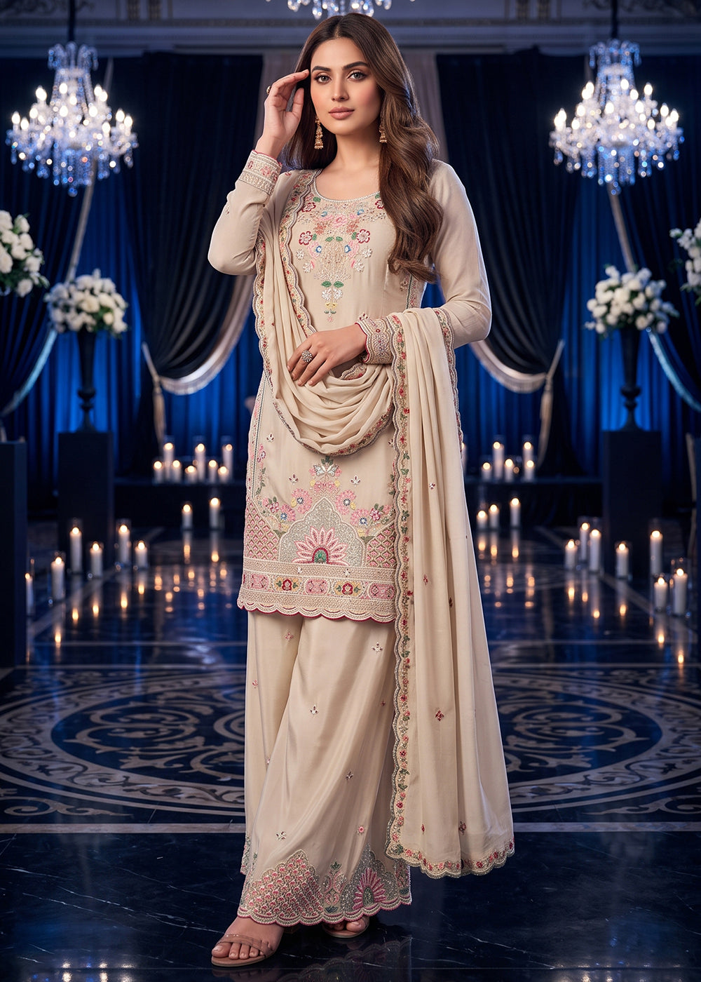 Buy Now Beige Multicolor Embroidery Silk Palazzo Style Suit Online in US, UK, Canada, Germany, Italy, France, Greece, Austria, UAE & Worldwide at Empress.