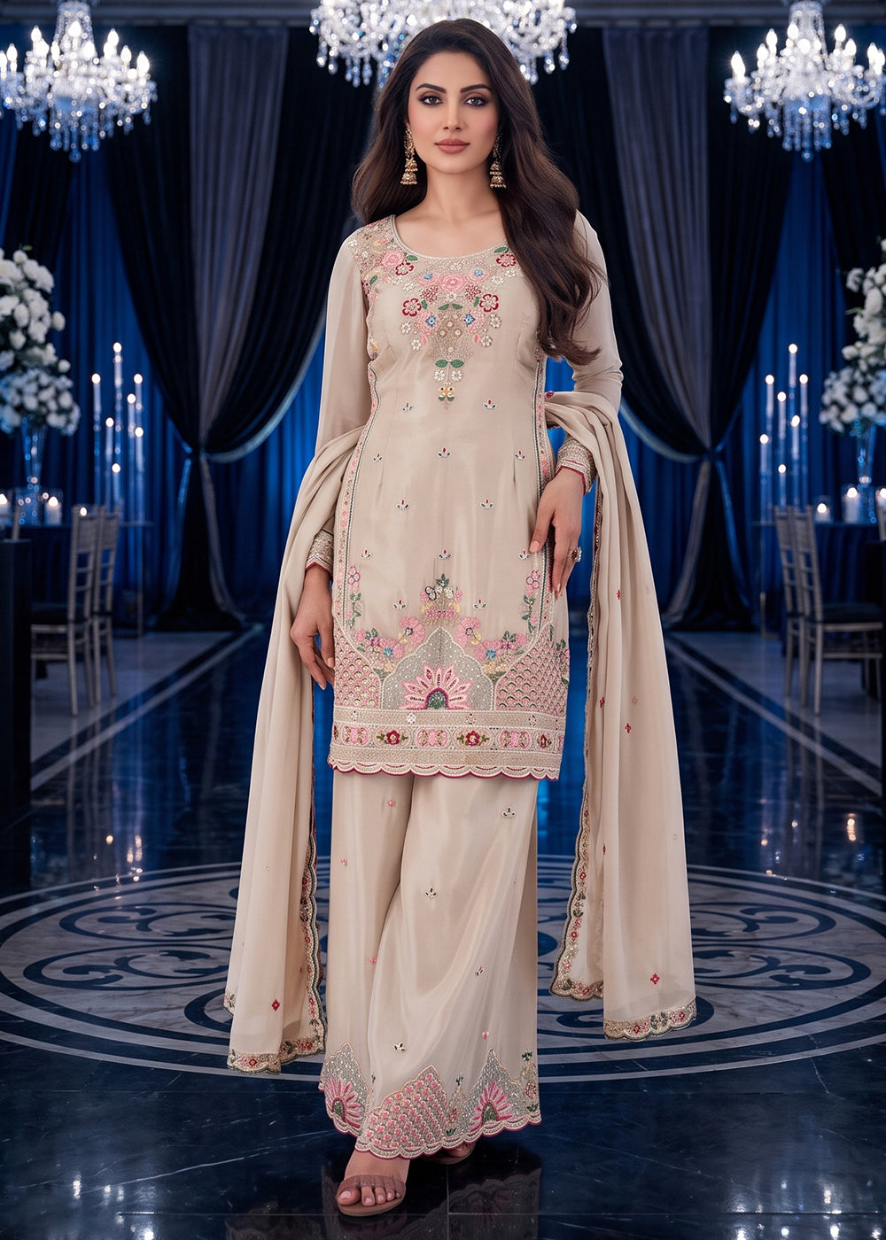 Buy Now Beige Multicolor Embroidery Silk Palazzo Style Suit Online in US, UK, Canada, Germany, Italy, France, Greece, Austria, UAE & Worldwide at Empress.