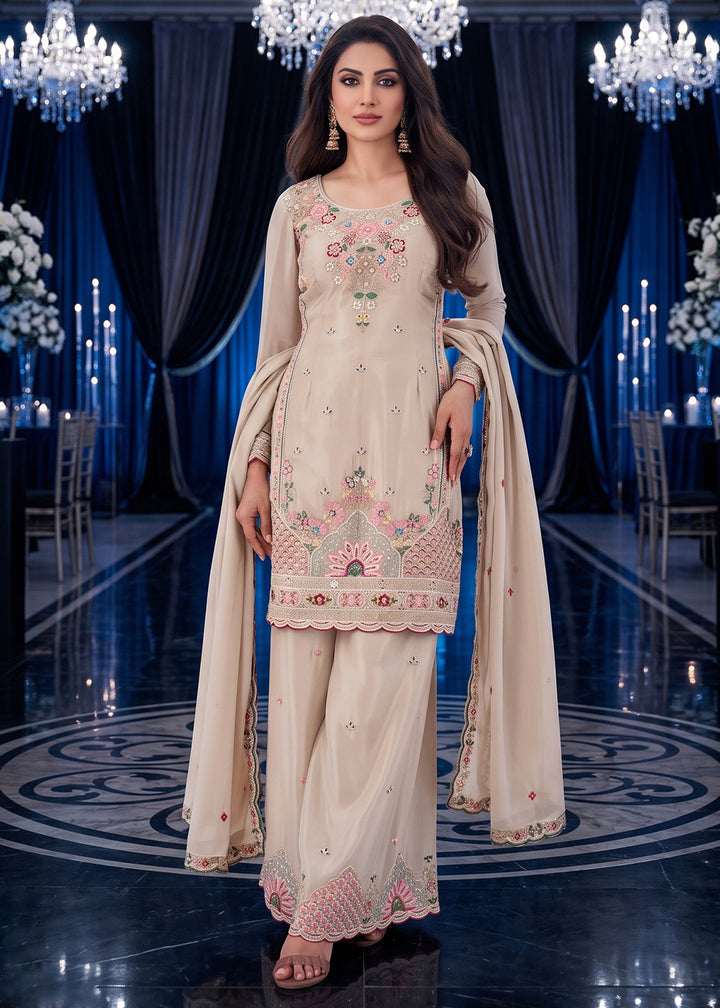 Buy Now Beige Multicolor Embroidery Silk Palazzo Style Suit Online in US, UK, Canada, Germany, Italy, France, Greece, Austria, UAE &amp; Worldwide at Empress.