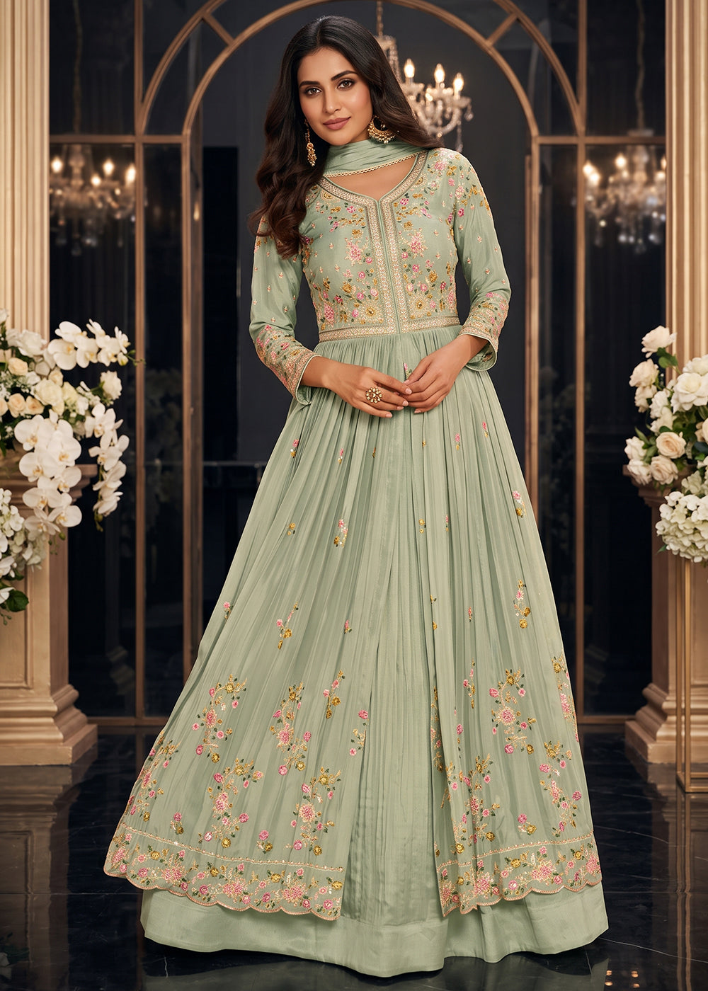 Buy Green Front Slit Style Wedding Anarkali Skirt Suit Online in US, UK, Sweden, Denmark, Greece, Germany, Canada, Austria, Sweden, UAE & Worldwide at Empress.