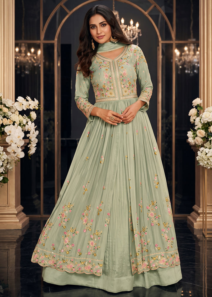 Buy Green Front Slit Style Wedding Anarkali Skirt Suit Online in US, UK, Sweden, Denmark, Greece, Germany, Canada, Austria, Sweden, UAE &amp; Worldwide at Empress.