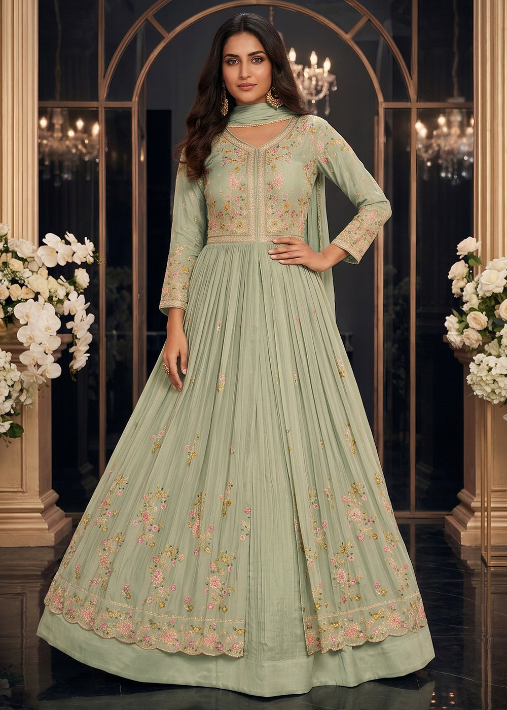 Buy Green Front Slit Style Wedding Anarkali Skirt Suit Online in US, UK, Sweden, Denmark, Greece, Germany, Canada, Austria, Sweden, UAE &amp; Worldwide at Empress.