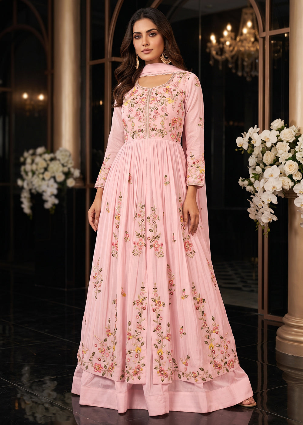 Buy Pink Front Slit Style Wedding Anarkali Skirt Suit Online in US, UK, Sweden, Denmark, Greece, Germany, Canada, Austria, Sweden, UAE &amp; Worldwide at Empress.